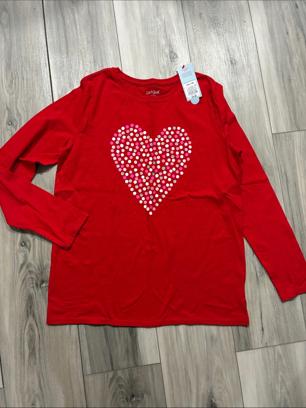 🩵 Cat & Jack Red Long-Sleeve Tee with Polka Dot Heart